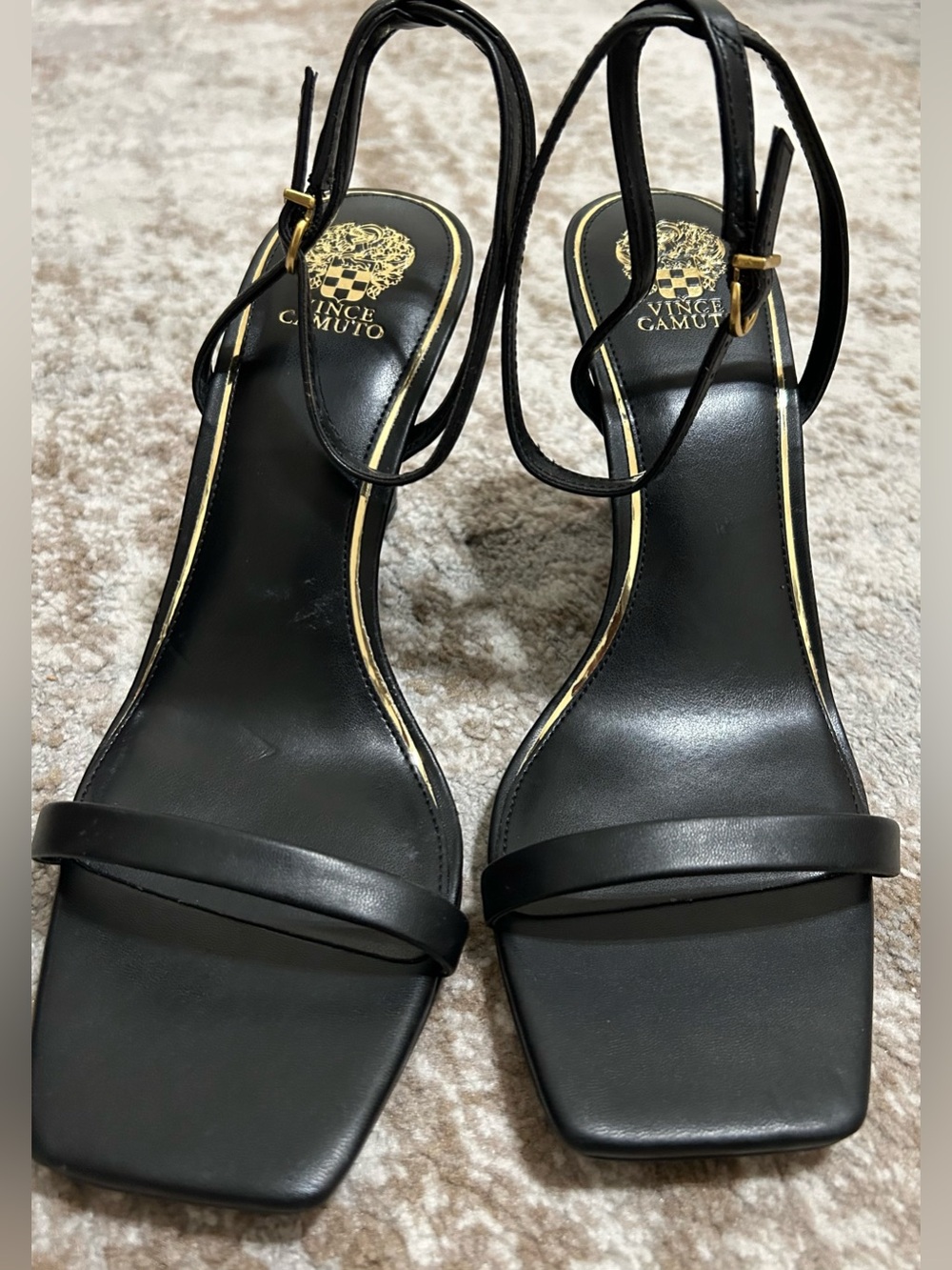 Vince Camuto Black Strappy Square-Toe Heels with Gold Trim